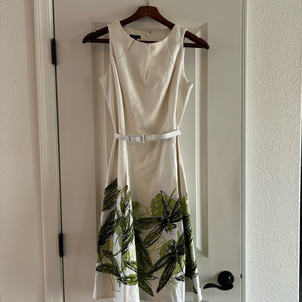 Talbots Cream Sleeveless A-Line lined Midi Dress w/dragonflies Vintage
